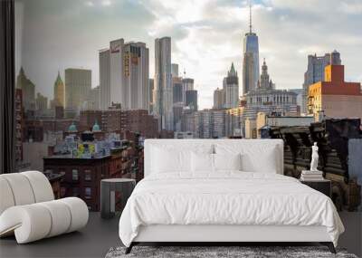 New York City - Panoramic view of the crowded buildings of the Manhattan skyline at sunset. Wall mural