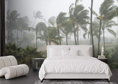 Palm trees blowing in the wind and rain as a hurricane approaches a tropical island coastline Wall mural