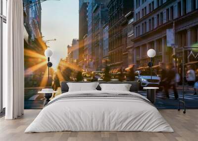 Rays of sunlight shine on the busy people walking across an intersection in Midtown Manhattan in New York City Wall mural