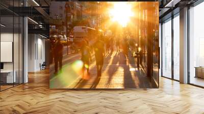 Sunlight shines on the diverse crowds of people walking down the busy sidewalk on 34th Street through Midtown Manhattan in New York City Wall mural