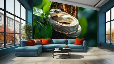 Snake coiled in tree, copy space Wall mural