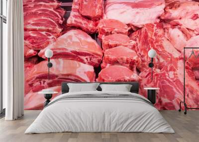 Close up of meat in a supermarket. Raw meat at butcher shop Wall mural