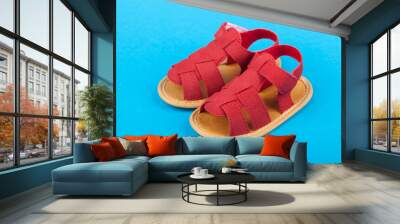 Pair of baby sandals shoes on blue background Wall mural