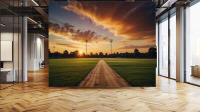 Baseball field in the sunset light. Training, landscape, American sport, pitcher, catcher, hitter, tournament, calm, sport, match. Leisure concept. Wall mural