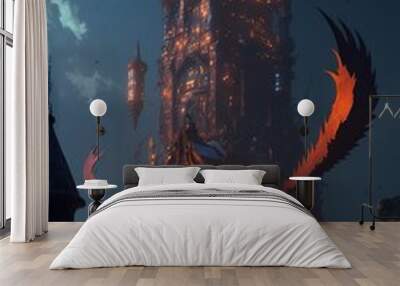 A beautiful valyrian arcane towers within a magical city, whilst dragons flying through the sky Wall mural