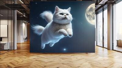 A cute fluffy white cat leaping into a starry sky with a bright moon. Wall mural