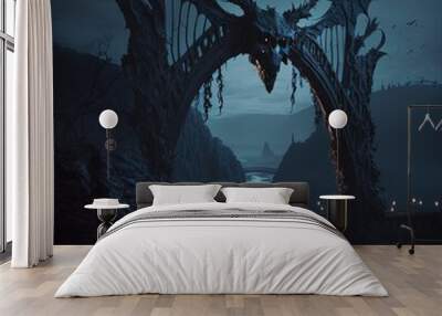 A sinister fantasy landscape taken from a nightmare. A large ventablack steel bridge that connects two dived pieces of land. Wall mural