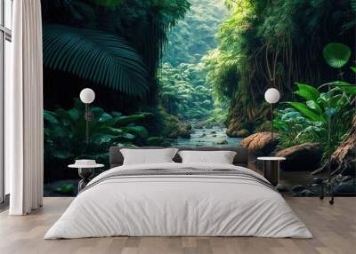 A stunning amazon rainforest alongside a river, rain, foggy, fantasy environment. Wall mural