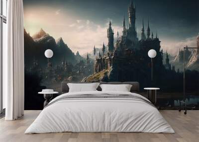 Black stone city on an island surrounded by a flowing river. Wall mural