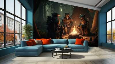 Mythical creatures sitting in a circle around a campfire. Wall mural