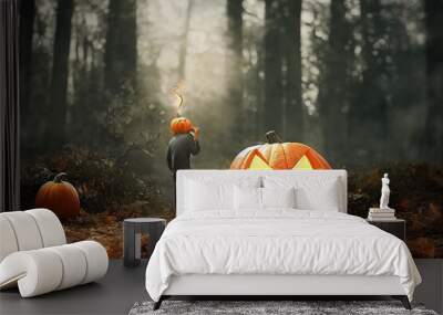 This is a 3D illustration of a Man with a pumpkin head standing in front of a sports car. Wall mural