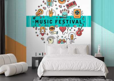 music festival poster template a4 size. music infographics, trendy icons line art style. rock, jazz  Wall mural