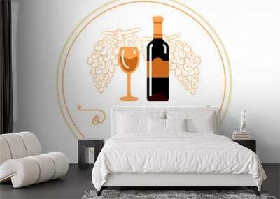 Red wine and grape line icon, Wine menu logo. Winemaking, tasting. Glass and bottle of red wine, bunch of grapes. Vector illustration, round emblem design Wall mural