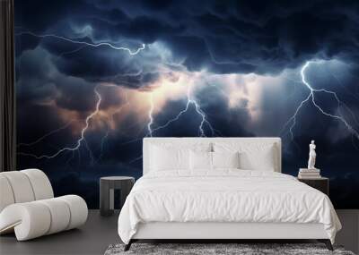 A dramatic thunderstorm brings with it lightning strikes under a dark and cloudy sky Wall mural