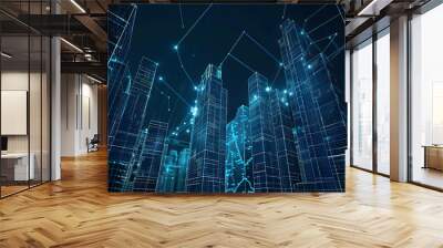 Abstract 3d city rendering with wireframe skyscrapers, digital elements, and technology concept Wall mural