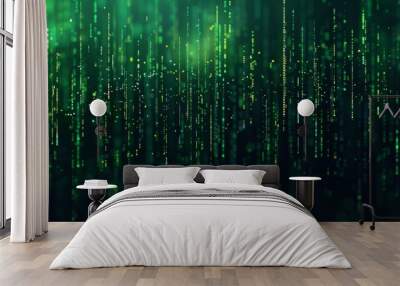 Captivating abstract design of cascading green binary code on dark canvas for tech inspired artwork Wall mural