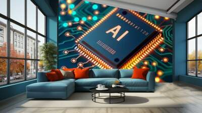 Chrome computer chip with ai engraving on green circuit board with glowing patterns Wall mural