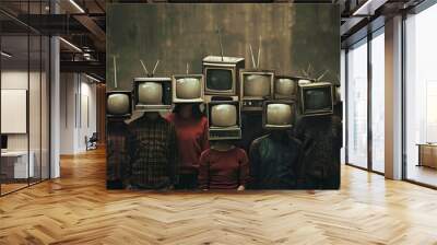 Compelling image of individuals with tv heads representing media manipulation and societal influence Wall mural