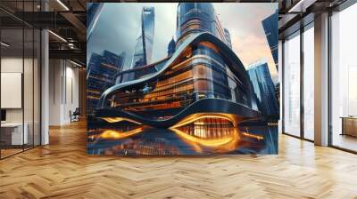 Futuristic city architecture  dynamic curves, unique facade, city lights reflections at dusk Wall mural