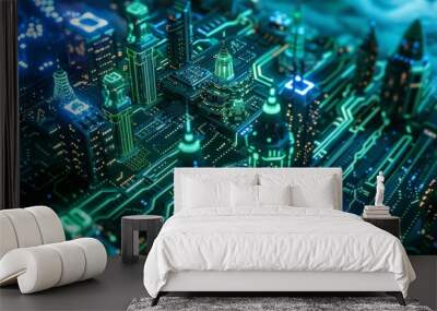 Futuristic city with luminous buildings on circuit board, neon blue and green accents Wall mural