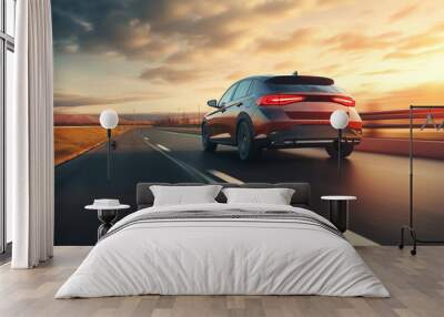 Modern car drive by road on high speed at sunset in a desert area Wall mural