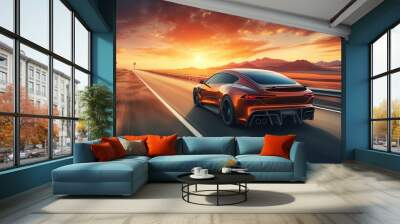 Modern car drive by road on high speed at sunset in a desert area Wall mural