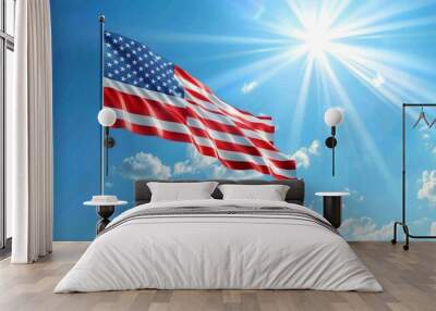 Realistic american flag waving under sunny blue sky with the sun in the background Wall mural