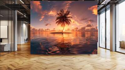 Serene tropical island at sunset  vibrant hdri panorama with silhouetted palm tree view Wall mural