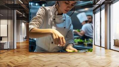 Skilled female chef plating matjes dish in modern kitchen   hyperrealistic culinary work Wall mural