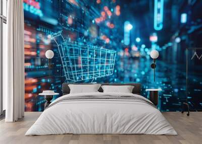 Sleek image of ai integration in retail with bold shopping cart icon and tech background Wall mural