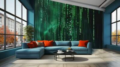 Striking abstract digital artwork of green binary code raining on a dark, mysterious backdrop Wall mural