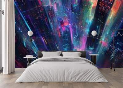 Surreal mindscape over a futuristic city with neon colors and abstract sci fi elements Wall mural