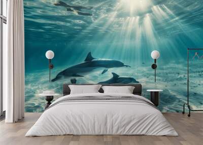 Tranquil underwater scene of a mother dolphin and calf swimming gracefully beneath sunlit waters Wall mural