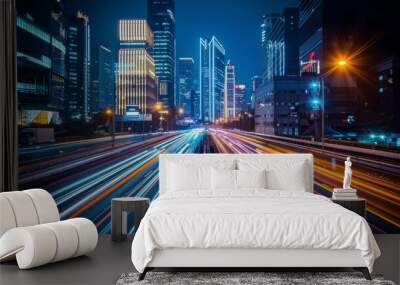 Vibrant futuristic city street at night with dynamic light trails and towering skyline Wall mural