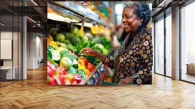 Black senior woman shopping for fresh vegetables at grocery store Wall mural