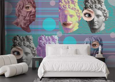 Contemporary art concept collage with antique statue head in a surreal style. Modern unusual art. Wall mural