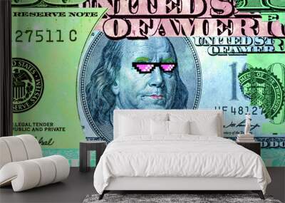 Contemporary artwork background with colored banknote. Digital texture backdrop. Trendy pop art fun culture. Neural network art poster. Funky punk collage design. Creative concept money illustration. Wall mural