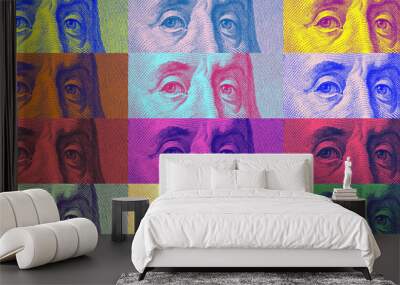 Contemporary artwork close up president banknotes face. Digital texture backdrop. Trendy pop art fun culture. Neural network art poster. Funky punk collage design. Creative concept money illustration. Wall mural