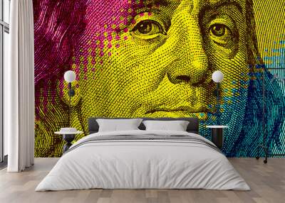 Contemporary artwork close up president banknotes face. Digital texture backdrop. Trendy pop art fun culture. Neural network art poster. Funky punk collage design. Creative concept money illustration. Wall mural