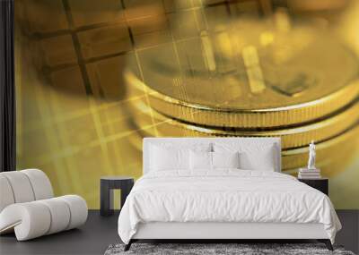 Double exposure Stock market display or forex trading graph and candlestick chart on stack of coins. Wall mural