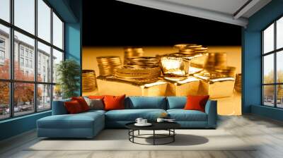 Gold bars and stack of gold coins. Background for finance banking concept. Trade in precious metals. Wall mural