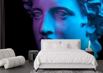 Gypsum copy of ancient statue Apollo head isolated on black background. Plaster sculpture man face. Wall mural