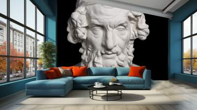 Gypsum copy of ancient statue Homer head isolated on black background. Plaster sculpture man face. Wall mural