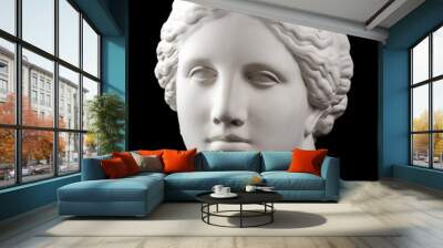 Gypsum copy of ancient statue Venus head isolated on black background. Plaster sculpture woman face. Wall mural