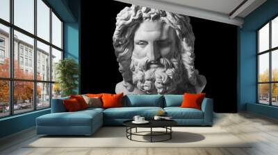 Gypsum copy of antique statue Zeus head isolated on black background. Plaster sculpture man face with beard. Wall mural