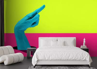 Hand in a pop art collage style in neon bold colors. Modern psychedelic creative element with human palm for posters, banners, wallpaper. Copy space for text. Magazine style template. Zine culture. Wall mural