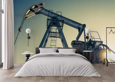 Oil pumpjack, industrial equipment. Rocking machines for power generation. Extraction of oil. Wall mural