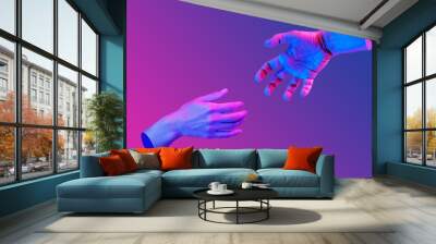 Two hand in a pop art collage style in neon bold colors. Modern psychedelic creative element with human palm for posters, banners, wallpaper. Copy space for text. Magazine style. Zine culture. Wall mural