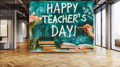 Happy teachers day greeting on green board Wall mural