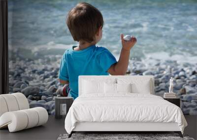 boy throwing stones in the sea Wall mural